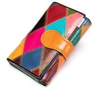 Karoukee Pequeña Cartera de Cuero Genuino para Mujer, Única Dama Cartera de Tarjeta de Crédito con Diseño Patchwork de Colores, Monedero Multicolor con Ventana de ID y Bolsillo de Cremallera