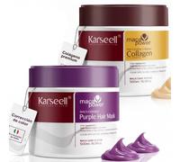 Karseell MACA CARE SYSTEM Mascarilla Capilar Colágeno Hidratación Profunda Reparación Brillo + Mascarilla Violeta Antiamarillo Matizadora Cabello Seco Dañado Teñido Sin Sulfatos 2x500ml