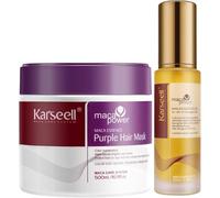 Karseell MACA CARE SYSTEM Mascarilla Capilar Violeta Matizadora Antiamarillo 500ml + Aceite de Argán 50ml Karité Hidratante Reparador Antifrizz Profesional Cabello Rubio Canas Decolorado Sin Sulfatos