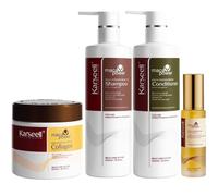 Karseell MACA CARE SYSTEM Pack Mascarilla Capilar Colágeno + Aceite de Argán + Champú + Acondicionador Reparación Nutrición Intensa Antifrizz Coco Cabello Seco Dañado Sin Sulfatos 3x500ml + 50ml