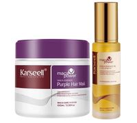 Karseell MACA CARE SYSTEM Pack Mascarilla Capilar Violeta Matizadora Antiamarillo 100ml + Sérum Aceite de Argán 50ml Hidratante Reparador Cabello Rubio Canas Decolorado Tamaño Viaje Sin Sulfatos