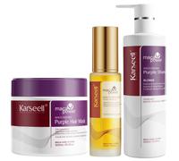 Karseell MACA CARE SYSTEM Pack Profesional Antiamarillo Mascarilla Violeta 500 ml Champú Violeta 500 ml Sérum Aceite de Argán 50 ml para Cabello Rubio Platino y Canas Hidratante Reparador Antifrizz