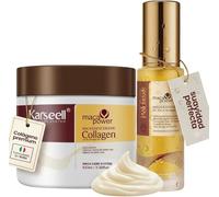 Karseell MACA CARE SYSTEM Pack Reparación Capilar Profesional Mascarilla Colágeno 100ml + Sérum Aceite de Argán 50ml Coco Karité Pelo Seco Dañado Teñido Hidratante Nutritivo Antifrizz Brillo Espejo