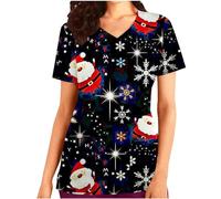 Kasacks - Camiseta de manga corta para mujer, con cuello de pico, estampado navideño, uniforme de trabajo, uniformes ligeros con bolsillos, #03 Negro, M