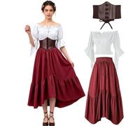 kasahara - Disfraz medieval para mujer, renacentista, blusa de manga acampanada, falda corsé, disfraz de hadas piratas brujas Halloween Carnaval LARP (rojo, M)