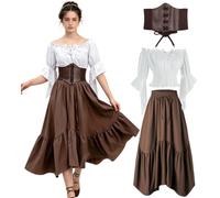 kasahara - Disfraz medieval para mujer, renacentista, blusa de manga acampanada, falda corsé, disfraz de hadas piratas brujas Halloween Carnaval LARP (marrón, S)