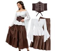 kasahara Ropa medieval para mujer, vestido renacentista para mujer, blusa con hombros descubiertos y falda maxi con corsé, retro, hadas, pirata, brujas, para Halloween, Kameval LARP (marrón, L)