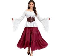 kasahara Ropa medieval para mujer, vestido renacentista para mujer, blusa con hombros descubiertos y falda maxi con corsé, retro, hadas, pirata, brujas, para Halloween, Kameval LARP (rojo, S)
