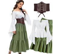 kasahara Ropa medieval para mujer, vestido renacentista para mujer, blusa con hombros descubiertos y falda maxi con corsé, retro, hadas, pirata, brujas, para Halloween, Kameval LARP (verde, S)