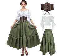 kasahara Ropa medieval para mujer, vestido renacentista para mujer, con hombros descubiertos, blusa y falda maxi con corsé, retro, hadas, pirata, brujas, disfraces para Halloween, carnaval, LARP