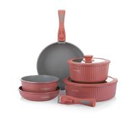 KASANOVA Batería de cocina 9 piezas Eaziclip, Juego de ollas para inducción con revestimiento cerámico y mangos desmontables aptos para horno, Batería antiadherente con tapas (Rosa)