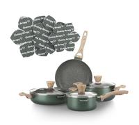 KASANOVA Batería de cocina Cooking Therapy, juego de ollas para inducción y sartenes antiadherentes con espátula, set de cocina completo con grabado láser y mangos efecto madera (10)