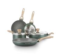 KASANOVA Batería de cocina Cooking Therapy, juego de ollas para inducción y sartenes antiadherentes con espátula, set de cocina completo con grabado láser y mangos efecto madera (7)
