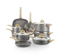 Kasanova Batería de Cocina Mrs Wood Antiadherente de Aluminio, Apta para Todos los Tipos de Cocinas, Tapa de Vidrio, Cocción Rápida y Uniforme. (15 piezas)