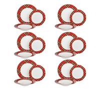 KASANOVA Set de 18 Platos de Tartán Rojo Hilo de Oro en Mesa de Porcelana Roja