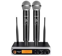 Kaschun Sistema de micrófono inalámbrico, frecuencia fija, micrófonos de mano UHF duales, alcance de 200 pies, Plug & Play, micrófono inalámbrico para cantar, karaoke, DJ, iglesia, boda, KTV en casa