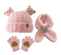 KASESSS 3 in 1 Conjunto Bufanda Gorro y Guantes Niño, Cálido Guantes Gorro y Bufanda Niña, Grueso Polar Gorro y Bufanda Bebe con Patrón de Oso para Deportes al Aire Libre de Invierno (Rosa)