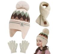 KASESSS 3 Piezas 3 in 1 Conjunto de Gorro Bufanda y Guantes Niñas, Niños Sombrero Caliente de Punto y Bufanda, Invierno Cálidos Beanie Bufandas Sombreros con Pompon para Niños y Niñas de 4 a 10 Años