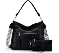 Kasgo Bolsos Bandolera Mujer Grande, Bolso Bandolera Boho de Cuero PU Bolsos de Hombro Retro Tote Bag de Moda con Carteras 2pcs Set para Diario Trabajo Viaje Universidad Negro
