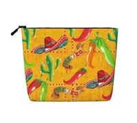 Kashinn Bolsa de cosméticos de una sola capa con estampado de sombrero de cactus y chile, bolsa de maquillaje de cáñamo falso, monedero para uso diario, viajes