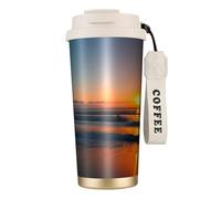 Kashinn Hermosa taza de café aislada al vacío con diseño de amanecer y océano de 18 onzas con popote y tapa, taza de viaje para bebidas frías y calientes