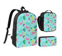 Kashinn Juego de mochila con bolsa de almuerzo y estuche para lápices, estampado de frutas y flamencos, tela Oxford, portátil, útil