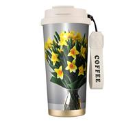 Kashinn Taza de café aislada al vacío con diseño de ramo de narcisos de 18 onzas con popote y tapa, taza de viaje para bebidas frías y calientes