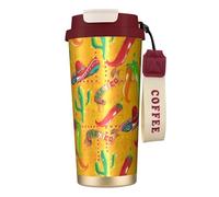 Kashinn Taza de café aislada al vacío de 18 onzas con diseño de sombrero de cactus y chile con popote y tapa, taza de viaje para bebidas frías y calientes