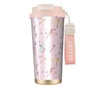 Kashinn Taza de café aislada al vacío pintada a mano con estampado de libélula de 18 onzas con popote y tapa, taza de viaje para bebidas frías y calientes