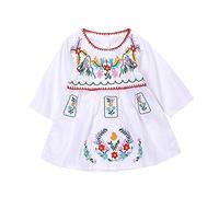 Kashoer Vestido de verano de manga larga con bordado étnico floral para bebé niña, blanco, 12-18 Meses