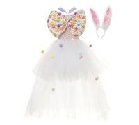Kasmole Vestido de Pascua para niña,Vestido de Pascua para conejito, 2 unids/set vestido de falda tutú de conejito de Pascua con sombreros de pelo de conejito, Vestido para niñas de 2 a 11 años