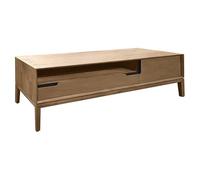 Kassia - Mueble de TV de madera de acacia con pasacables para puerta y cajón con asas de metal, color negro, natural y moderno