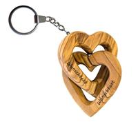 KASSIS Llavero de madera de olivo con forma de corazón - Piedra de la mano - Corazones conectados - Regalo para San Valentín, cumpleaños, boda, aniversario (1, llavero (con grabado)