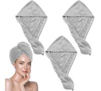 KASURE 3 Pieza Toalla Microfibra Pelo,Absorción de Agua Suave Toalla Pelo,Gorras para El Cabello con Botones,Toalla Pelo Secado Rapido et Anti Frizz para para Cabello Largo, Rizado y Grueso(Gris)