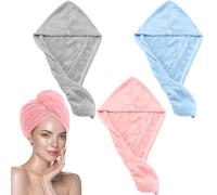 KASURE 3 Pieza Toalla Microfibra Pelo(Gris,Azul, Rosa),Gorras para El Cabello con Botones,Toalla Pelo Secado Rapido et Anti Frizz para para Cabello Largo, Rizado y Grueso