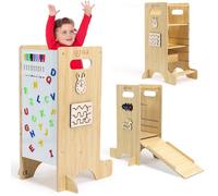 KASVAA Torre de Aprendizaje Montessori con Pizarra Magnética, 8 Rotuladores y 26 Letras - Learning Tower 5 en 1 Regulable en 3 Alturas con Tobogán y 4 Juegos - Madera CE/EN71, Antivuelco 60 kg