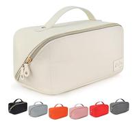 KAT MYHR Bolsa de cosméticos de viaje de gran capacidad, bolsa de maquillaje, portátil, impermeable, bolsa de maquillaje para mujer, con asa y divisor, Blanco apagado, Bolsa de cosméticos