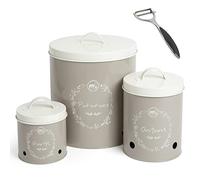 Katai - Juego de latas para almacenar patatas cebollas y ajos - Recipientes de aluminio gris con tapa - 3 tamaños con pelador de acero inoxidable