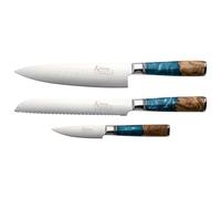 Katana Saya Elements Juego de 3 cuchillos, azul océano - Acero de Damasco VG-10 con alto contenido en carbono para una dureza y un filo extremos - Mango de madera de olivo natural y resina
