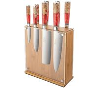 Katana Saya Elements Juego de 9 cuchillos con bloque, rojo volcánico - Acero de Damasco VG-10 con alto contenido en carbono para dureza y filo extremos - Mango de madera de olivo natural y resina