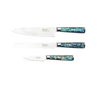 Katana Saya Juego de 3 cuchillos de cocina Pearl: acero de Damasco VG-10 con alto contenido en carbono para una dureza y un filo extremos; mango acrílico con diseño de abulón.