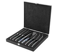 Katana Saya Juego de cuchillos y tenedores para carne Pearl de 8 piezas: acero damasco VG-10 con alto contenido en carbono para una dureza y un filo extremos; mango acrílico con diseño de abulón.
