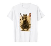 Katana Warrior Cat Japonés Tinta Wash Samurai Art Camiseta