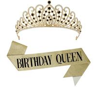 KatchOn, Faja y tiara dorada de feliz cumpleaños, juego de tiara de diamantes de imitación negros, corona y banda de cumpleaños para mujer, accesorio para el cabello de cristal con purpurina para