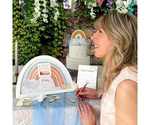 Kate Aspen Libro de invitados bohemio para baby shower, marco alternativo de arco iris con 30 nubes de madera, marco para imagen de ecograma, decoraciones de baby shower arcoíris y recuerdo,