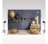 Kate Fondo de 1er cumpleaños 2.2x1.5m Baby Boy Globos Dorados y Negros Fondo de Foto Gris Oso de Peluche Papel de Fondo de Juguete para recién Nacido Retrato de cumpleaños Sesión de Fotos