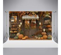 Kate - Fondo fotográfico de otoño (2,5 x 2,5 m) diseño de Calabazas otoñales Hojas de Arce Puertas de Madera paisajes Exteriores Accesorios para fotomatón para Fiestas para fotomatón con paisajes