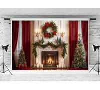 Kate Fondos de fotografía navideña 3x2m/10x6.5ft Guirnalda de Chimenea de Invierno Cortinas Rojas Árbol de Navidad Retrato Familiar Foto Año Nuevo Fondo Decorativo para niños