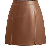 Kate Kasin Minifalda acampanada de piel sintética para mujer, cintura alta, abertura lateral, estilo casual con cintura elástica y cremallera lateral, ideal para eventos nocturnos, fiestas, marrón, M