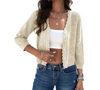 Kate Kasin Suéter tipo cárdigan corto para mujer, estilo bolero, ligero, manga 3/4, con botones, con textura de ganchillo, Almendra beige, S